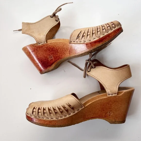 No. 6 Clogs Tan Leather Wooden Platform Wedge Sandals Lace Up Peep Toe Size 40 - Picture 8 of 10